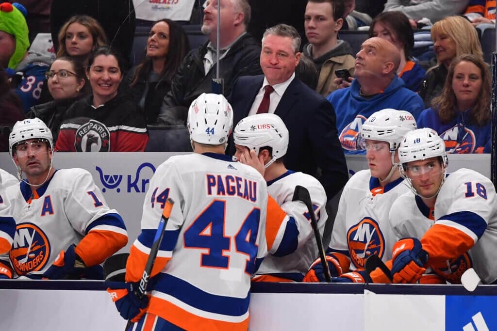 COLUMBUS, OHIO - APRIL 4: Head coach Patrick Roy of the New York Islanders talks with Jean-Gabriel Pageau #44 of the New York Islanders during the second period of a game against the Columbus Blue Jackets at Nationwide Arena on April 4, 2024 in Columbus, Ohio. (Photo by Ben Jackson/NHLI via Getty Images)