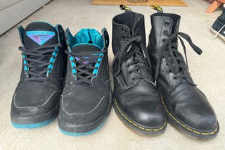 A pair of sneakers knotted with Xpand Laces next to a pair of Doc Martins boots knotted with Bread Laces.