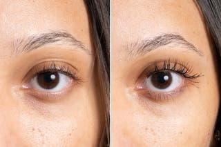 A before and after comparison of lashes with Too Faced Better Than Sex Volumizing Mascara.