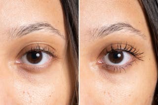 A before and after comparison of lashes with Thrive Causemetics Liquid Lash Extensions Mascara.