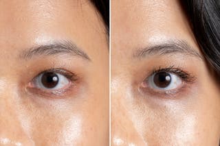 A before and after comparison of lashes with Rare Beauty Perfect Strokes Universal Volumizing Mascara.
