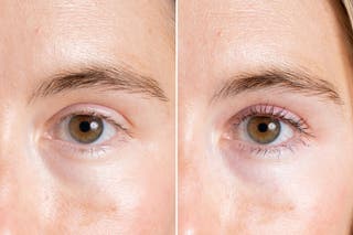 A before and after comparison of lashes with Rare Beauty Perfect Strokes Universal Volumizing Mascara.