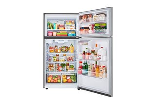The LG LHTNS2403S propped open, displaying shelves full of perishable groceries.