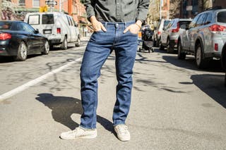 A tester modeling our pick for best everyday jeans, the Levi’s 511 Premium Slim Fit Men’s Jeans.