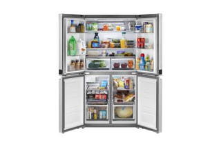 The Whirlpool WRQA59CNKZ four door refrigerator, with all its doors open and filled with food.