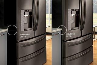 Side by side photos of two refrigerators, showing how the counter-depth refrigerator doesn't protrude beyond the counter.