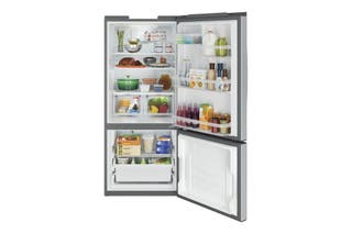 The GE gbe21dskss bottom-freezer style refrigerator, with both doors open and filled with food.