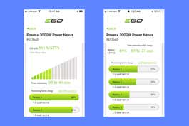 Two screens from the Ego portable generator app showing usage and battery level