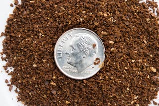 A dime sitting on top of a pile of ground coffee beans to show the fine grind in contrast.