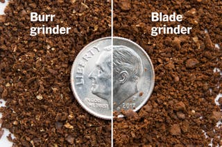 Comparison of the ground coffee of a blade grinder and burr grinder side by side with a dime coin laid on top for contrast.