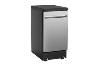 A product image of the 18-inch GE GPT145SSLSS portable dishwasher, shown with the door closed.