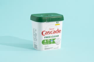 Our top pick for best dishwasher detergent, Cascade Free & Clear ActionPacs.