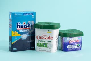 Our top three picks for the best dishwasher detergent, from left to right: Finish Powder Advanced, Cascade Free & Clear, and Cascade Platinum Plus.