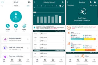 Three screenshots from the Fitbit app, one showing a home page with general information, another showing a history of calories burned per day, and another displaying exercise goals by type of exercise.