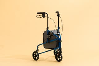 Our pick for best walker with great maneuverability, the Vive Health Three-Wheel Walker Rollator, in front of a beige background.