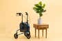 The Vive Health Three Wheel Walker Rollator, next to a potted plant in front of a beige background.