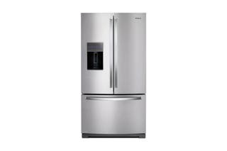 One of our recommended french-door refrigerators, the Whirlpool WRF767SDHZ, shown in stainless steel in front of a white background.