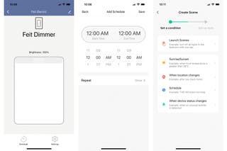 Three screenshots from the Feit mobile app, showing a digital dimmer, a scheduling tool and a scene creator.