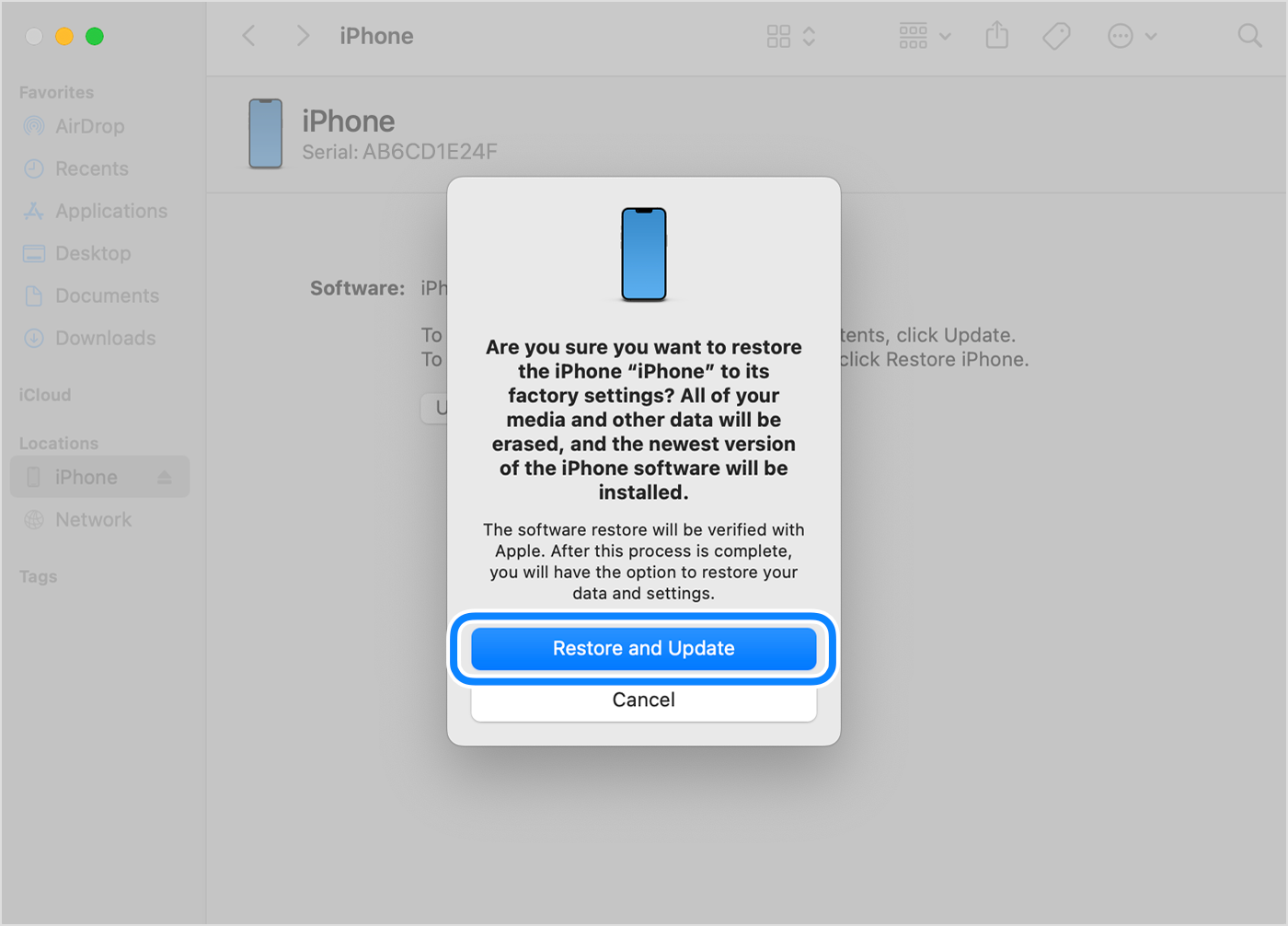 За да възстановите и актуализирате iPhone през компютъра си, трябва да докоснете Restore and Update (Възстановяване и актуализиране), за да потвърдите.
