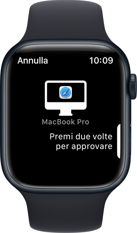 Schermata di Apple Watch che mostra il messaggio che indica di fare doppio clic per approvare