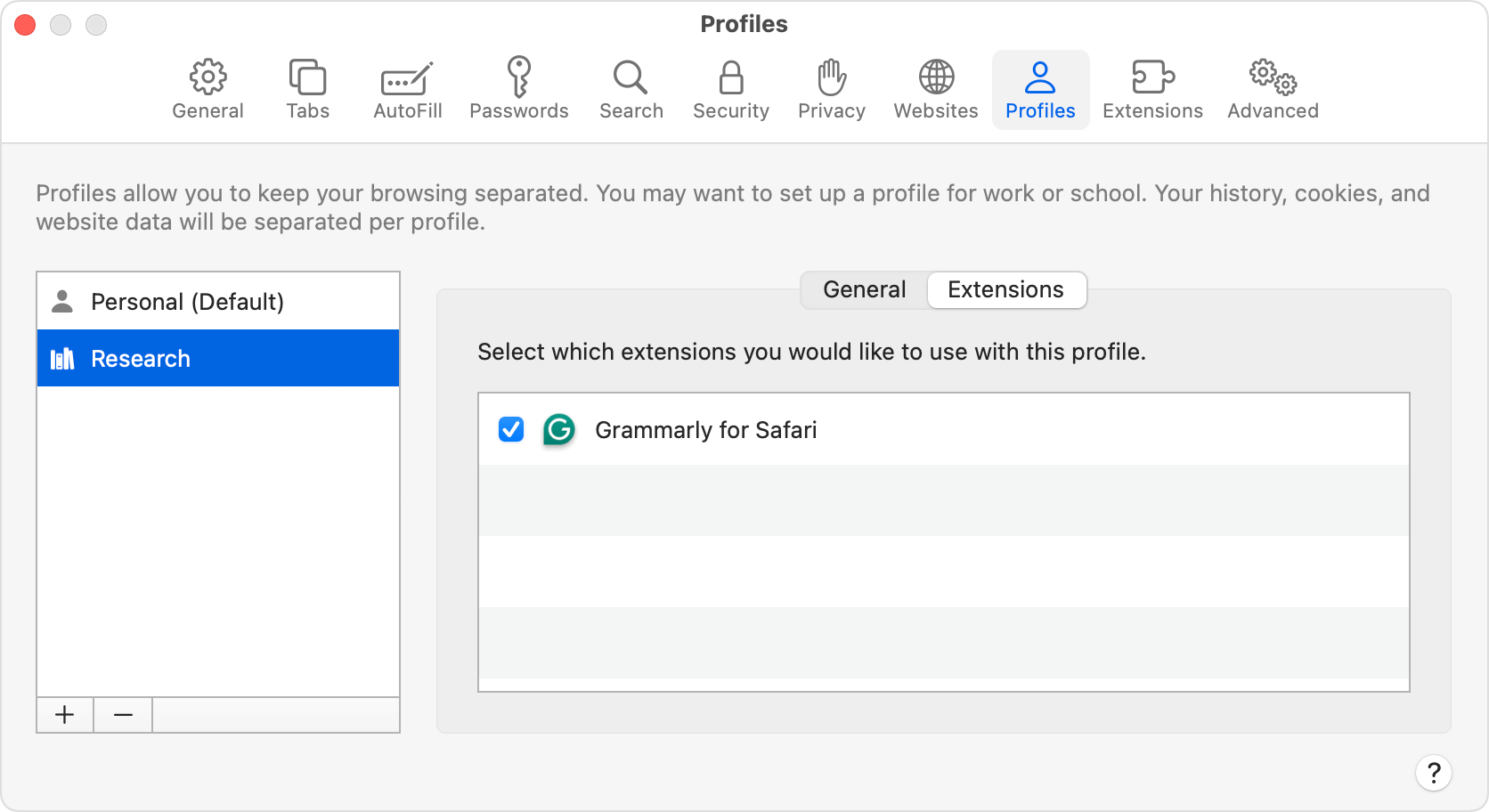 Der Tab „Profile“ in den Safari-Einstellungen mit dem Tab „Erweiterungen“ für ein Profil