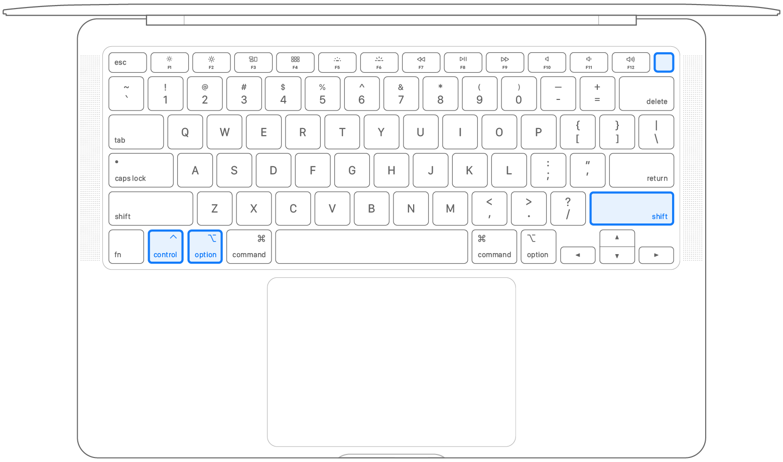 Top view of a laptop keyboard, highlighting the four keys