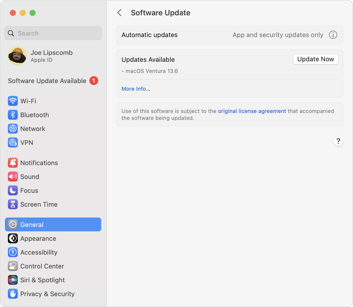 範例：macOS Monterey 中的「軟體更新」