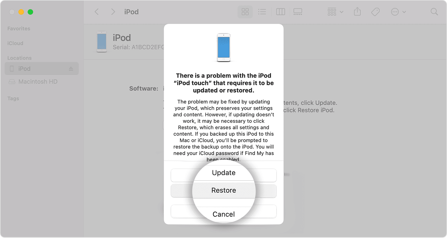 Mac のウインドウに「復元」ボタンが表示されているところ