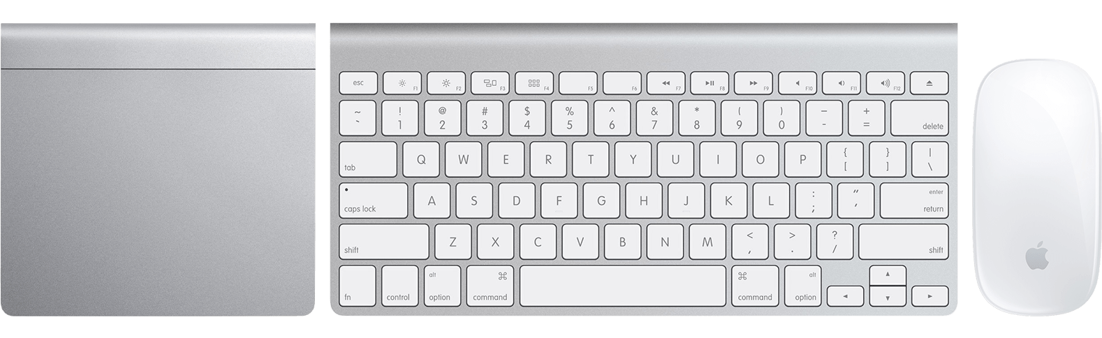 Magic Trackpad, Apple Kablosuz Klavye ve Magic Mouse'un üstten görünümü