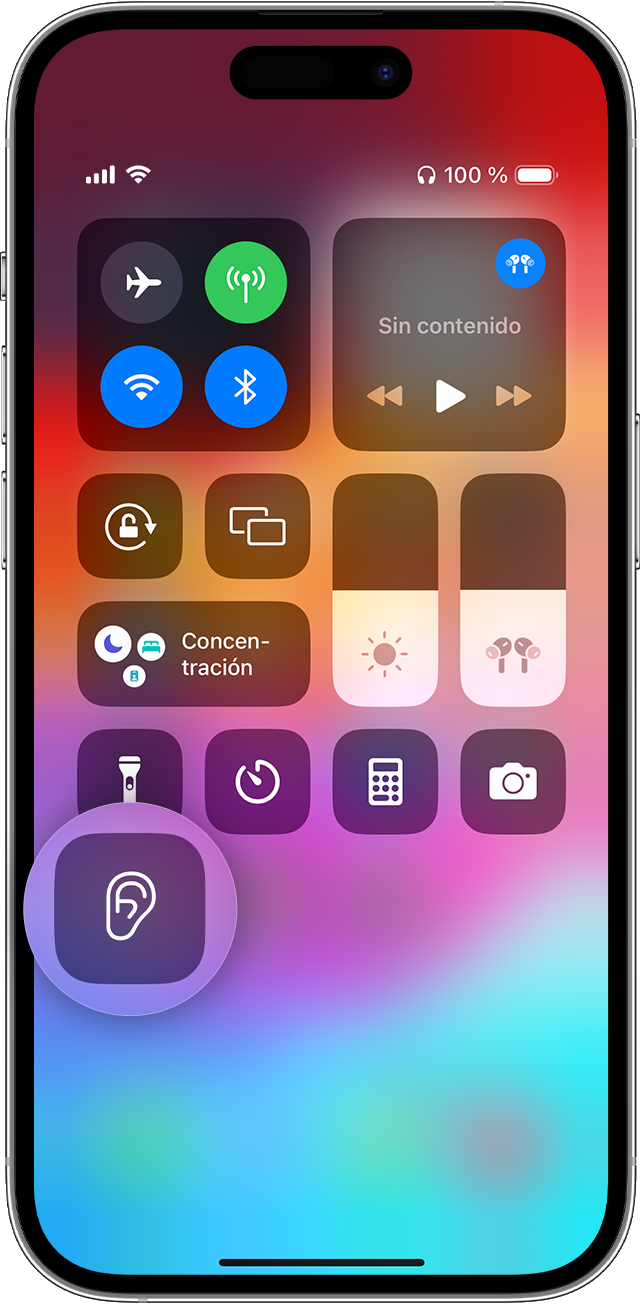 Centro de control de iOS con el icono de audición