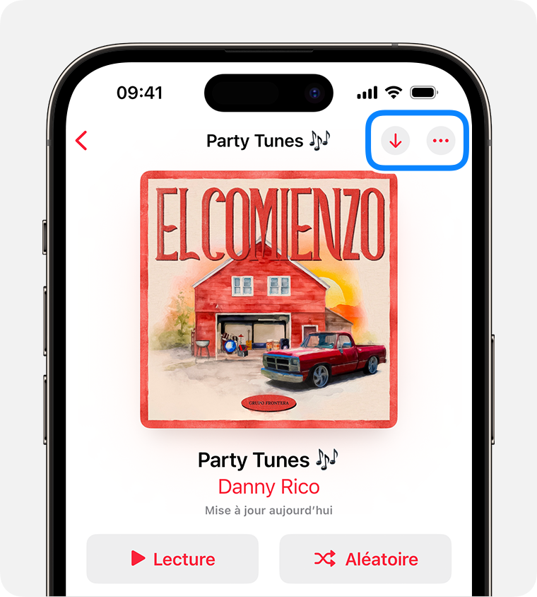 iPhone affichant le bouton Télécharger et le bouton Plus dans l’app Apple Music.