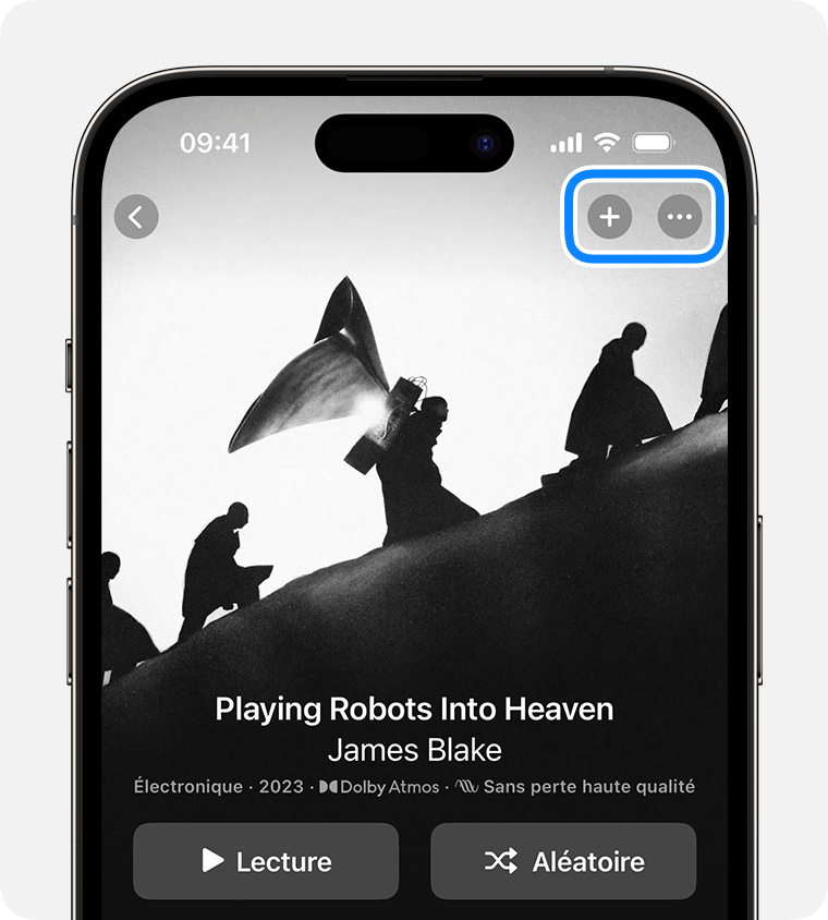 iPhone affichant le bouton Ajouter et le bouton Plus dans l’app Apple Music.