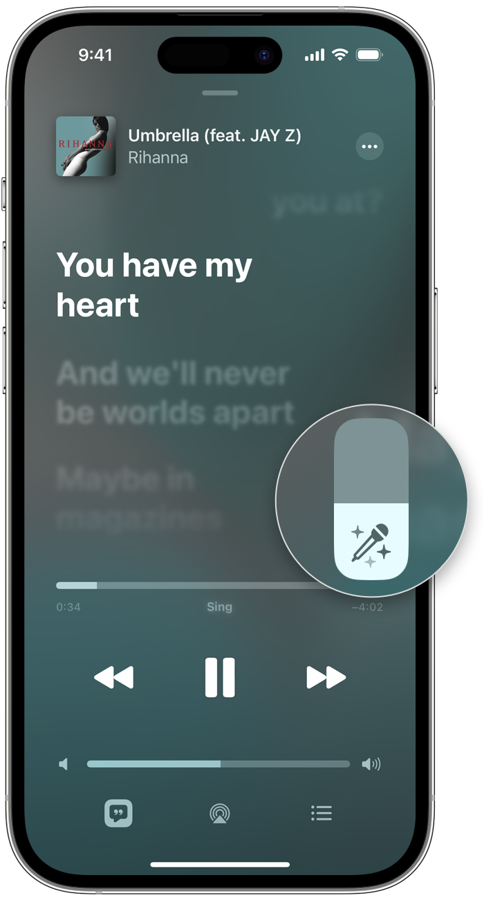 iOS 16 搭載 iPhone14 Pro の Music アプリで歌詞とボリューム音量ボタンが表示されているところ