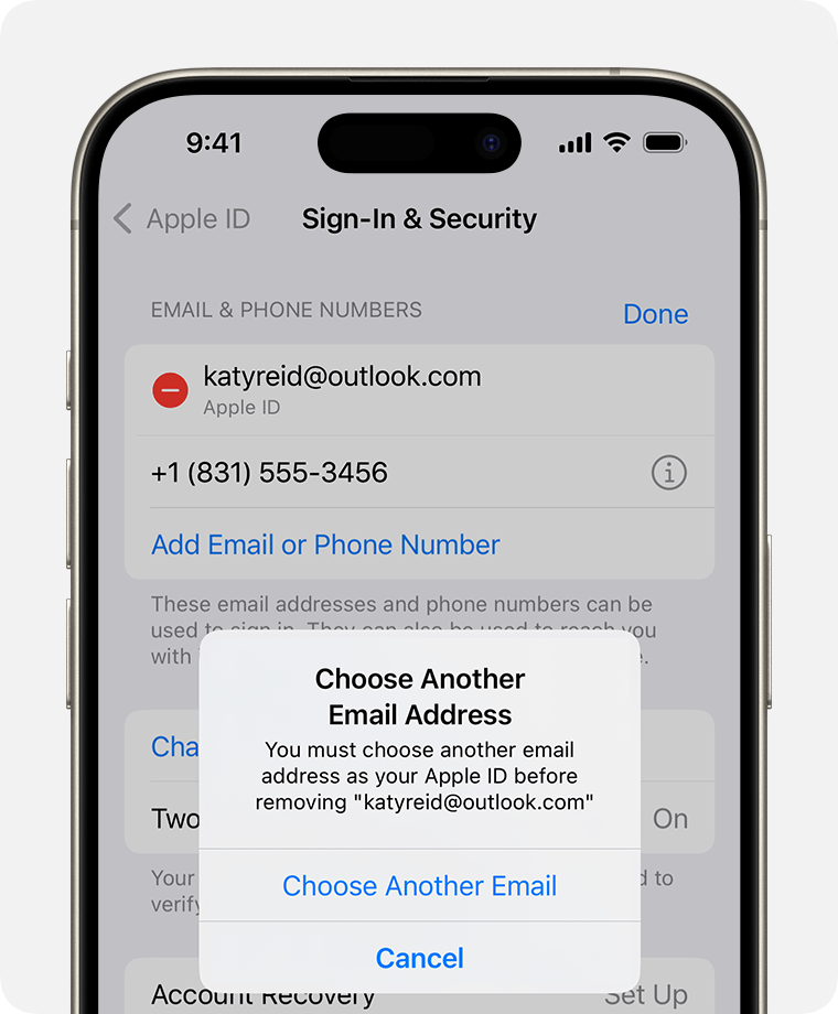 شاشة iPhone توضح كيفية تغيير عنوان البريد الإلكتروني لـ Apple ID 