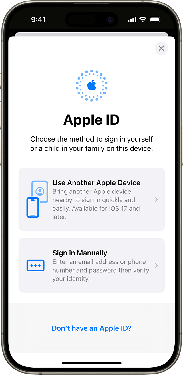 在 iPhone 設定中，你可以使用 Apple ID 手動登入，或使用其他 Apple 裝置來登入。