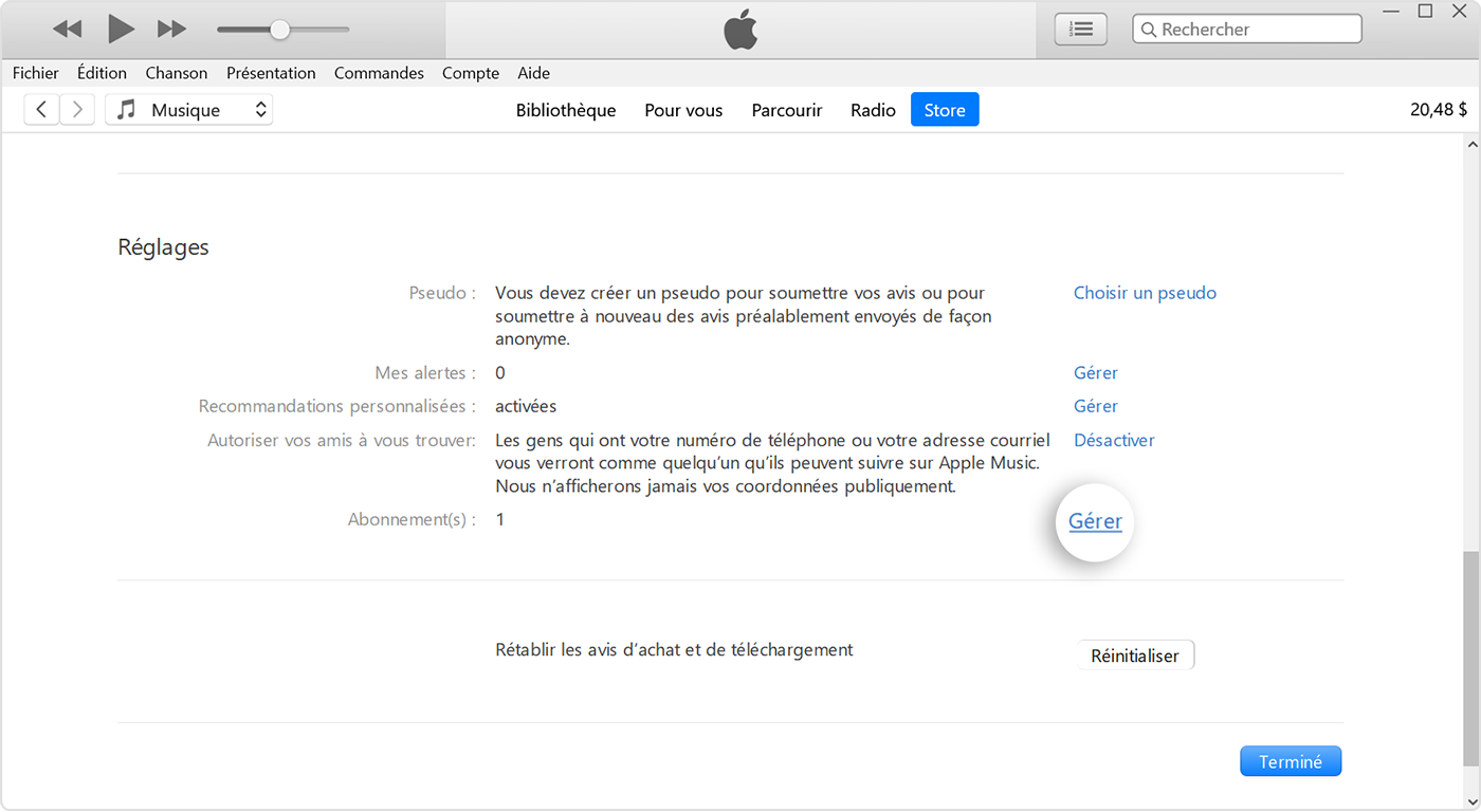 Le bouton Gérer à côté d’Abonnements dans l’iTunes.