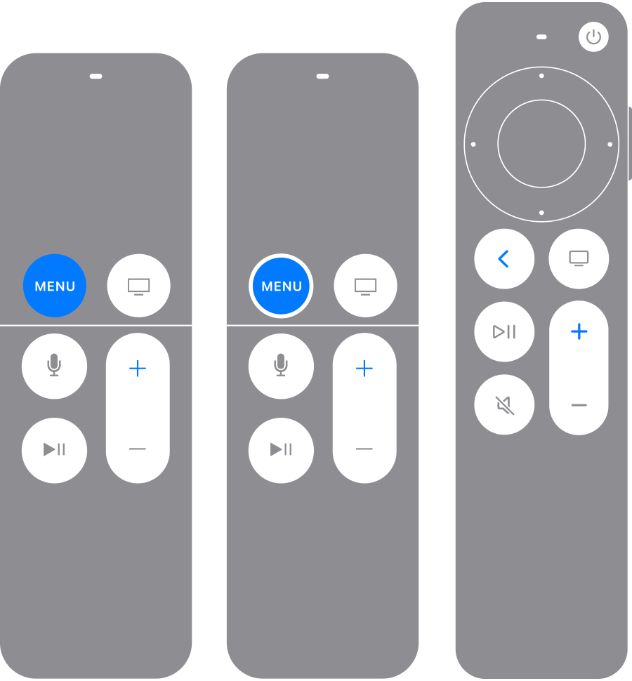 Upravljač za Apple TV s tipkama Natrag (ili Izbornik) i tipkama za pojačavanje glasnoće označenim plavom bojom
