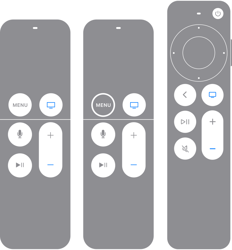Apple TV 遙控器上的「電視/控制中心」按鈕和「調低音量」按鈕以藍色標示
