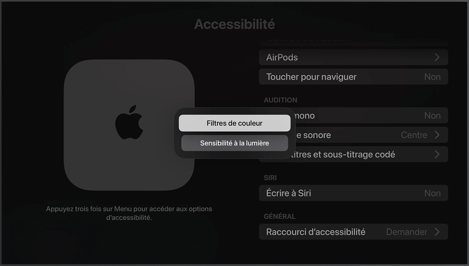 Les options de raccourci Filtres de couleur et Sensibilité à la lumière sont affichées sur l’écran Accessibilité