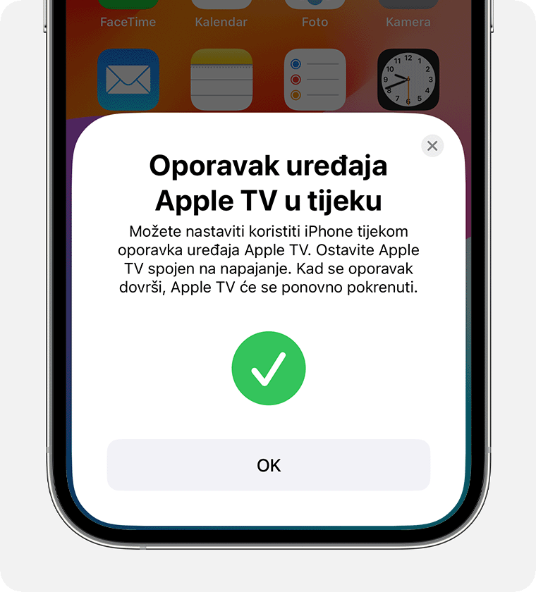 Obavijest na iPhone uređaju o tome da se Apple TV obnavlja