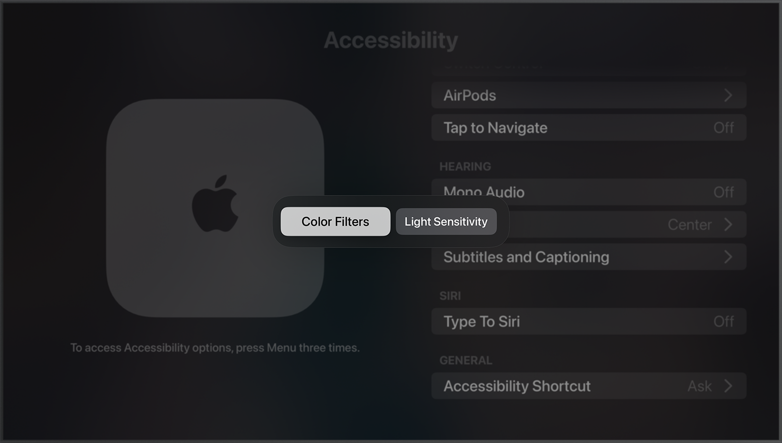 Colour Filters and Light Sensitivity shortcut options appear on the Accessibility screen