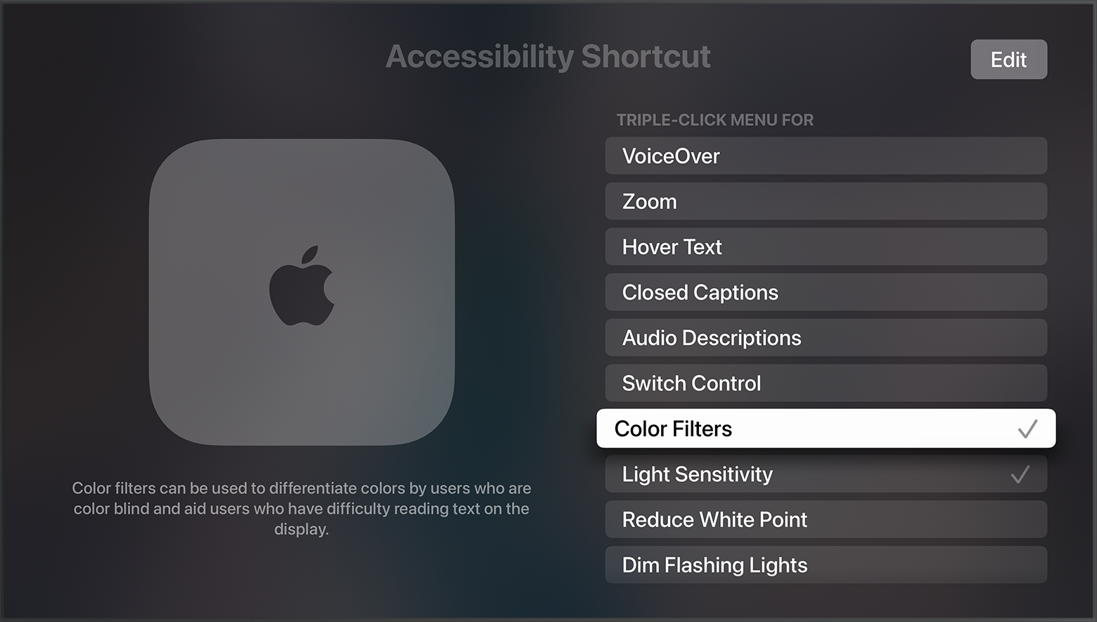 Colour Filters appears selected on the Accessibility Shortcut menu