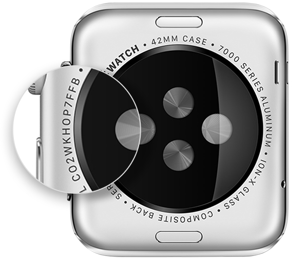 Serienummer på baksiden av Apple Watch.