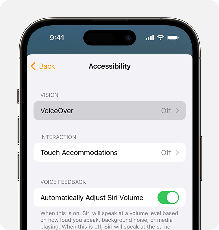 La opción VoiceOver aparece en la parte superior de la pantalla de configuración de Accesibilidad