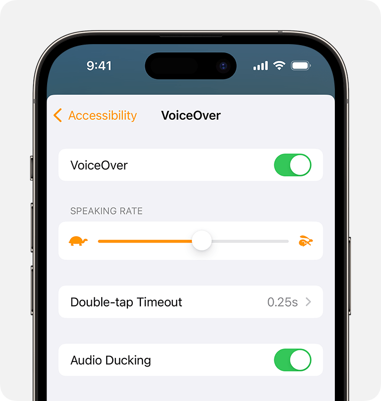 La opción VoiceOver está activada, la función Velocidad de lectura está establecida en 50 %, el valor de Intervalo entre dos toques es .25s segundos y la opción Atenuar audio está activada