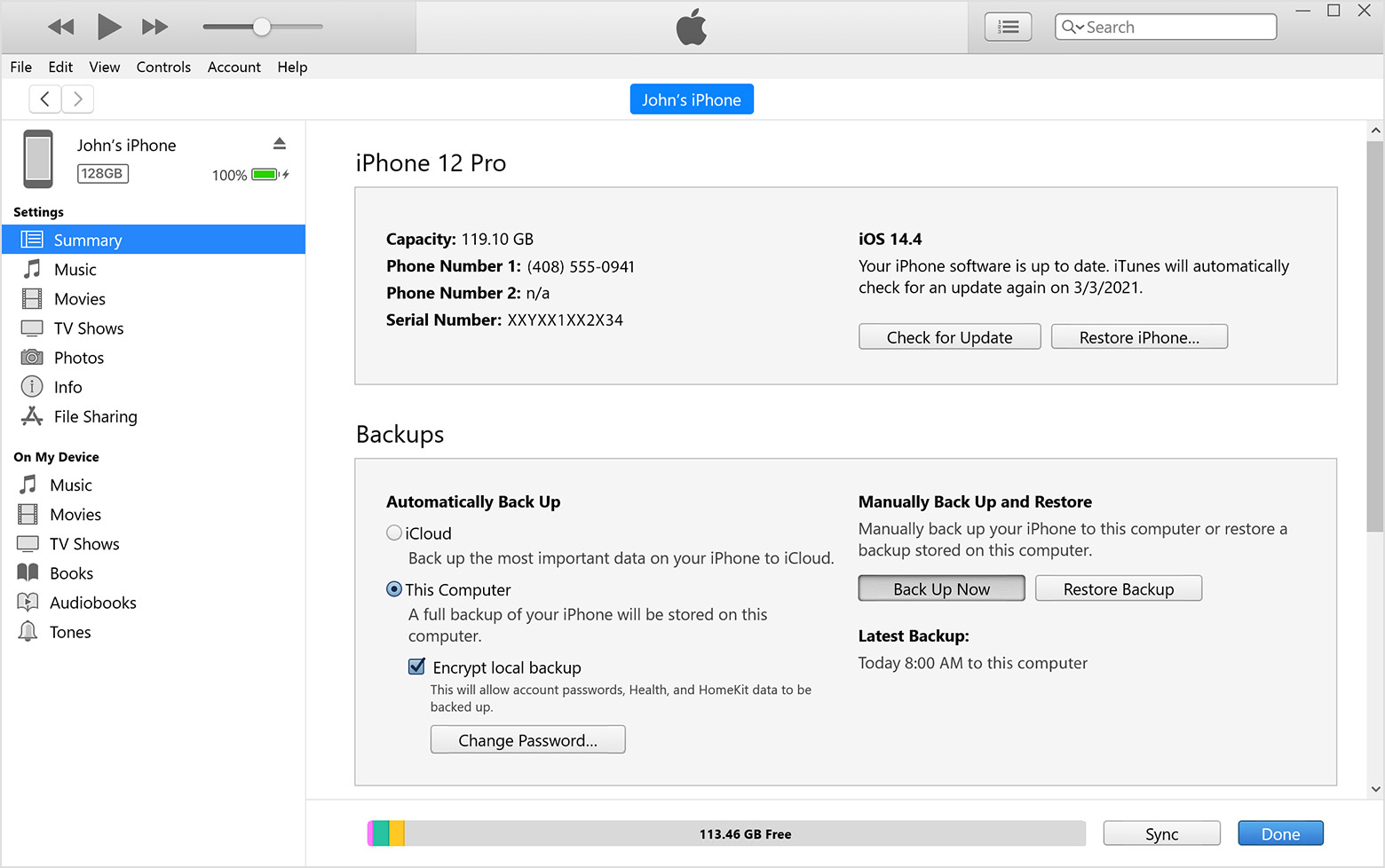 نافذة iTunes تعرض علامة التبويب "الملخص" وفيها تم تحديد زر "نسخ احتياطي الآن"