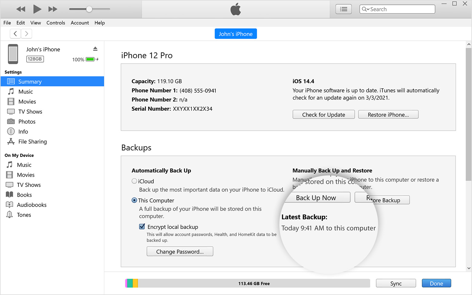 نافذة iTunes تعرض علامة التبويب "الملخص" حيث تم تكبير تاريخ إنشاء آخر نسخة احتياطية وتوقيتها أسفل زر "نسخ احتياطي الآن"