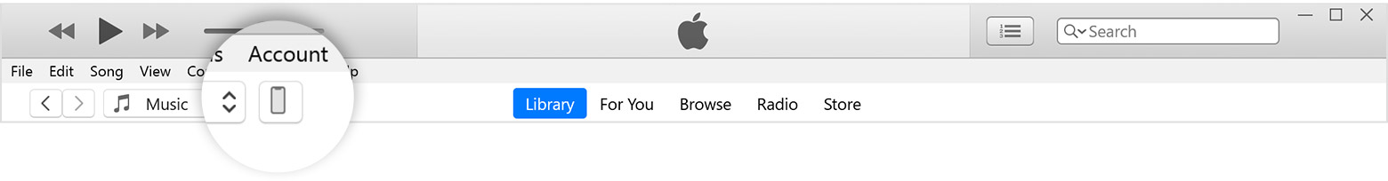 شريط قائمة iTunes حيث تم تكبير زر الجهاز