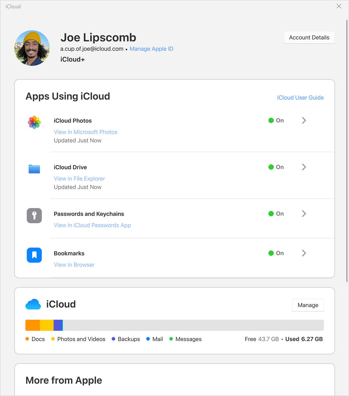 The Manage button is above the graph showing how much iCloud storage you've used.