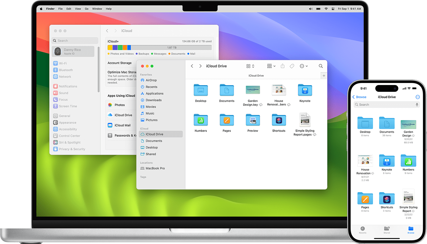 Obrazovky Macu a iPhonu zobrazující iCloud Drive